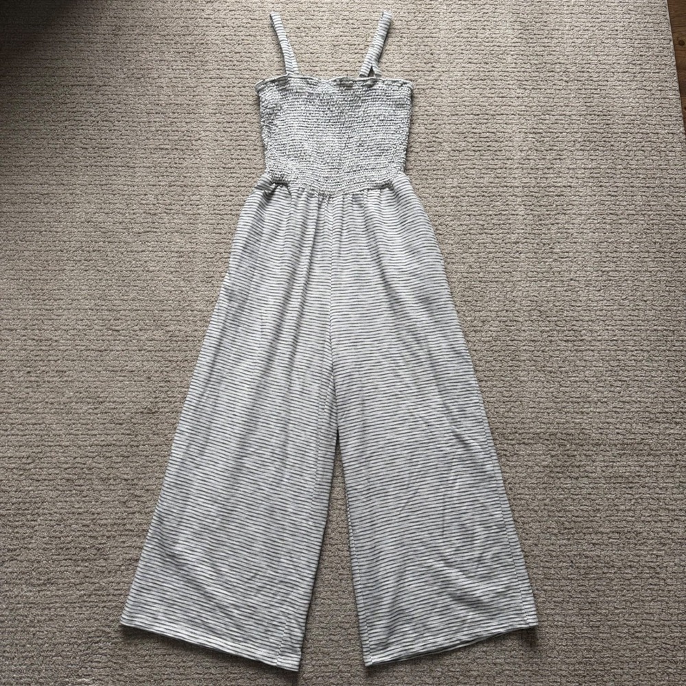 Old Navy Smocked Wide Leg Jumpsuit Womens Small White Black Stripe Coastal Boho